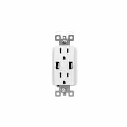 15A Duplex Receptacle w/ 3.6A Dual USB, TR, 120V, White