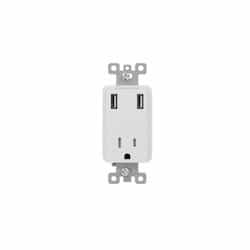 15A Single Receptacle w/ 3.6A Dual USB, TR, 120V, White