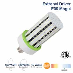 40W LED Corn Bulb, 150W MH Retrofit, Ballast Bypass, E39, 5150 lm, 6000K