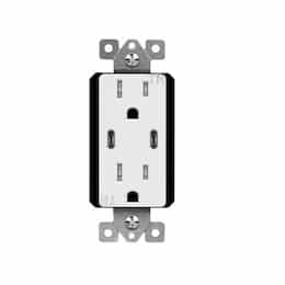 15A Duplex Dual USB Charger, Type C, Tamper Resistant, 125V, White