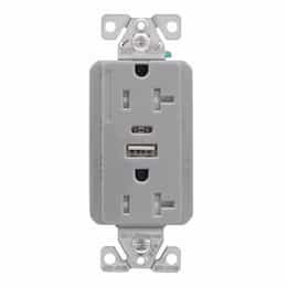 20 Amp TR Duplex Receptacle, 5.0 Amp USB A & C, 5-20R, 125V, Gray