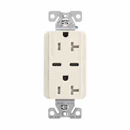 20 Amp TR Duplex Receptacle, 5.0 Amp Dual USB C, 5-20R, 125V, Almond