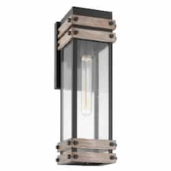 60W Outpost Wall Lantern,  Medium, 120V, Black/Wood/Clear Seeded Glass