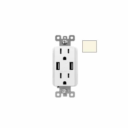 Aida 15A Duplex Receptacle w/ 3.6A Dual USB, TR, 120V, Light Almond