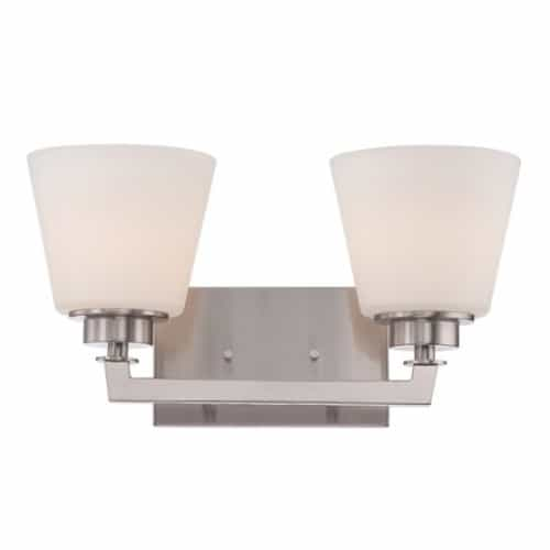 Nuvo Mobili 2-Light Vanity Light Fixture, Brushed Nickel, Satin White Glass