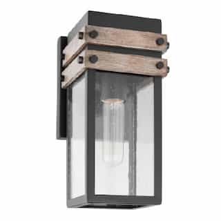 60W Outpost Wall Lantern, Small, 120V, Black/Wood/Clear Seeded Glass