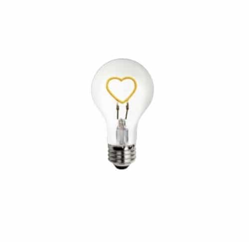 TCP Lighting 1.5W LED A19 Bulb w/ Heart Shape Base Up, E26, 120V, Yellow