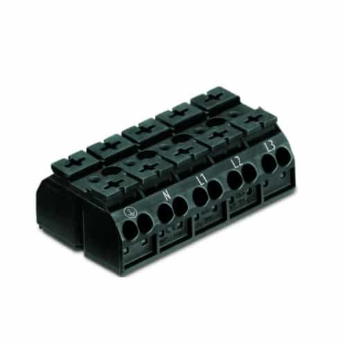 Wago Chassis Mount Terminal Strip, 4 Conductor, PE-N-L1-L2-L3, 5-Pole, Snap-in, Black