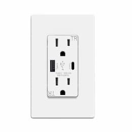 15A Duplex Receptacle w/ 5.0A Dual Type A+C USB, TR, 125V, White