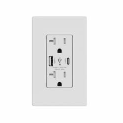 20A Duplex Receptacle w/ 5.0A Dual Type A+C USB, TR, 125V, White