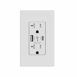 20A Duplex Receptacle w/ 5.0A Dual Type A+C USB, TR, 125V, White