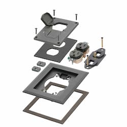 1-Gang Frame Kit w/ Flip Lids & Receptacle for Gangable Box, Metal, BK