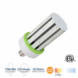 30W LED Corn Bulb, 100W MH/HID Retrofit, 3900 Lumens, 2700K