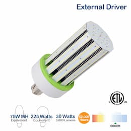 30W LED Corn Bulb w/ External Driver, 3800 Lumens, 6000K, 100W MH/HID Retrofit