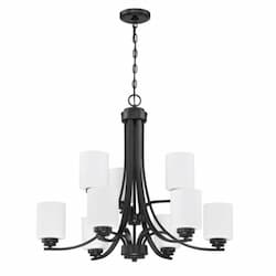 Bolden Chandelier Fixture w/o Bulbs, 9 Lights, Flat Black/White Glass