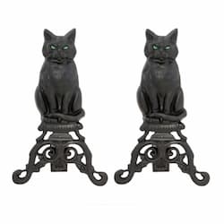 Cast Iron Cat Andirons w/ Reflective Glass Eyes, Black