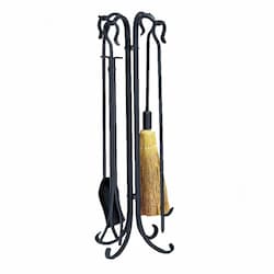 32-in Rustic Fireset w/ Crook Handle, Heavyweight, Wrought Iron, Black