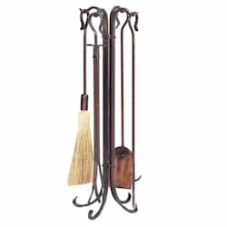 34-in Fireset w/ Crook Handles, Hammered, 5-Piece, Antique Copper