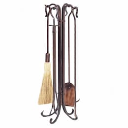 34-in Fireset w/ Crook Handles, Hammered, 5-Piece, Antique Copper