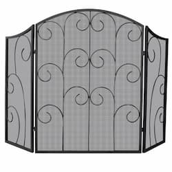 Fireplace Screen, Decorative Scroll, Wrought Iron, 3-Panel, Black