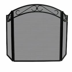 Fireplace Screen w/ Arch Top, Decorative Scroll, Iron, 3-Panel, Black