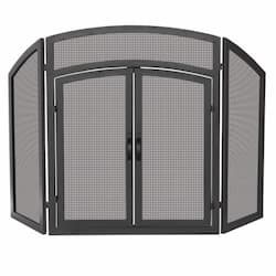 Fireplace Screen w/ Arch Top & Doors, Wrought Iron, 3-Panel, Black