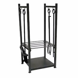 14.5-In Wide Black Wrought Iron Log Holder w/ Ring Handle Fireset