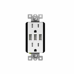 15 Amp Interchangeable Triple USB Type-A Charger Tamper Resistant Duplex Receptacle, White