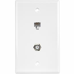 White Telephone and CATV 1-Gang Plate Duplex F-Type Connector and RJ11 Jack