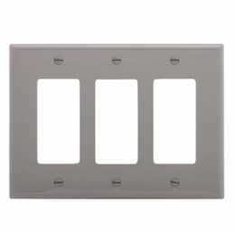 3-Gang Decora Wall Plate, Mid-Size, Polycarbonate, Gray