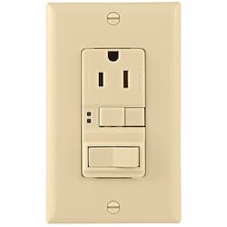 15 Amp Mid-Size GFCI Receptacle Outlet w/Feed-Through Single-Pole Switch, Ivory