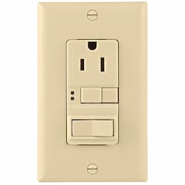 15 Amp Mid-Size GFCI Receptacle Outlet w/Feed-Through Single-Pole Switch, Ivory