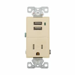 15A TR USB Port/Duplex Combo Receptacle, 2P3W, #14-12 AWG, 125V, IV