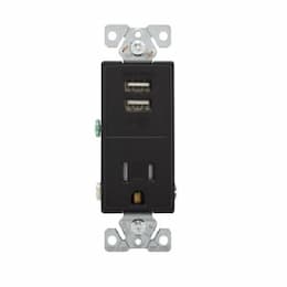 15A TR Decora 2.4A USB Port/Single Combo Receptacle, 2P3W, 125V, BLK