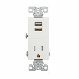 15A TR Decora 2.4A USB Port/Single Combo Receptacle, 2P3W, 125V, WH