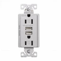 15 Amp Dual USB Charger w/ Duplex Receptacle, Tamper Resistant, Silver Granite