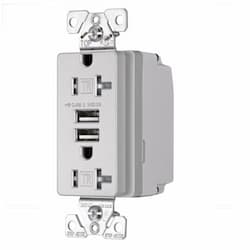 20 Amp Dual USB Charger w/ Duplex Receptacle, Tamper Resistant, Silver Granite