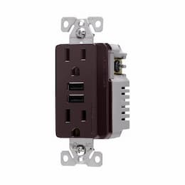 15 Amp TR Duplex Receptacle, 3.6 Amp Dual USB, 5-15R, 125V, Brown