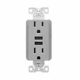 15 Amp TR Duplex Receptacle, 3.6 Amp Dual USB, 5-15R, 125V, Gray