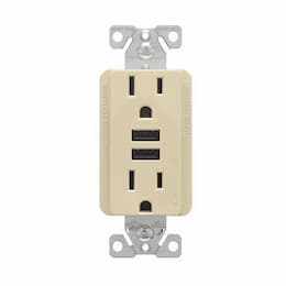 15 Amp TR Duplex Receptacle, 3.6 Amp Dual USB, 5-15R, 125V, Ivory