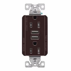 15 Amp TR Duplex Receptacle, 5.0 Amp USB, 5-15R, 125V, Brown