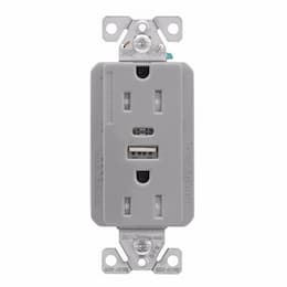 15 Amp TR Duplex Receptacle, 5.0 Amp USB, 5-15R, 125V, Gray