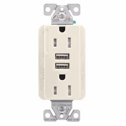 15 Amp TR Duplex Receptacle, 5.0 Amp USB, 5-15R, 125V, Light Almond