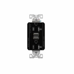 20 Amp Duplex Receptacle w/USB Charger, Tamper Resistant, Black