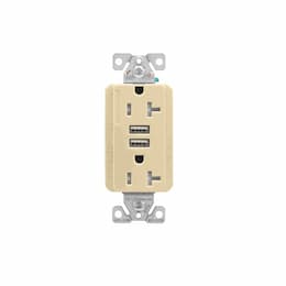 20 Amp Duplex Receptacle w/USB Charger, Tamper Resistant, Ivory