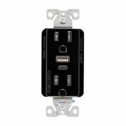 Eaton Wiring 15A TR Decora 5A USB Port/Duplex Receptacle, Type A&C, 2P3W, 125V, BLK