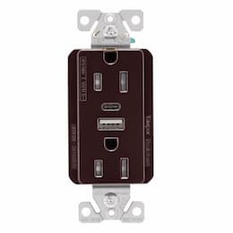 15 Amp TR Duplex Receptacle, 5.0 Amp USB A & C, 5-15R, 125V, Brown