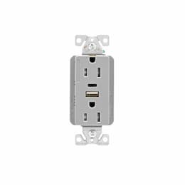 15 Amp Duplex Receptacle w USB AC Charger, Tamper Resistant, Gray