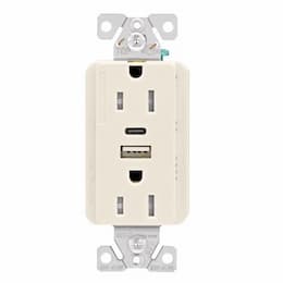 15 Amp TR Duplex Receptacle, 5.0 Amp USB A & C, 5-15R, 125V, Almond