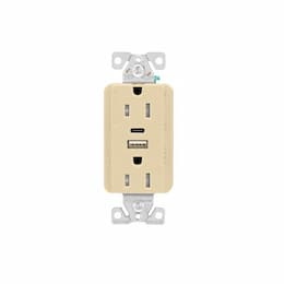 15 Amp Duplex Receptacle w/ USB AC Charger, Tamper Resistant, Ivory